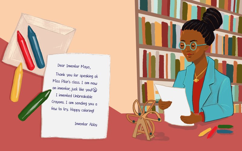 Illustration of inventor Maya reading a letter, from Abby Invents