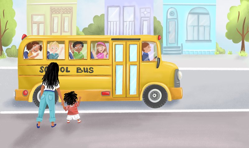 Illustration of a mother and child waving at a school bus, from Is God Bigger?