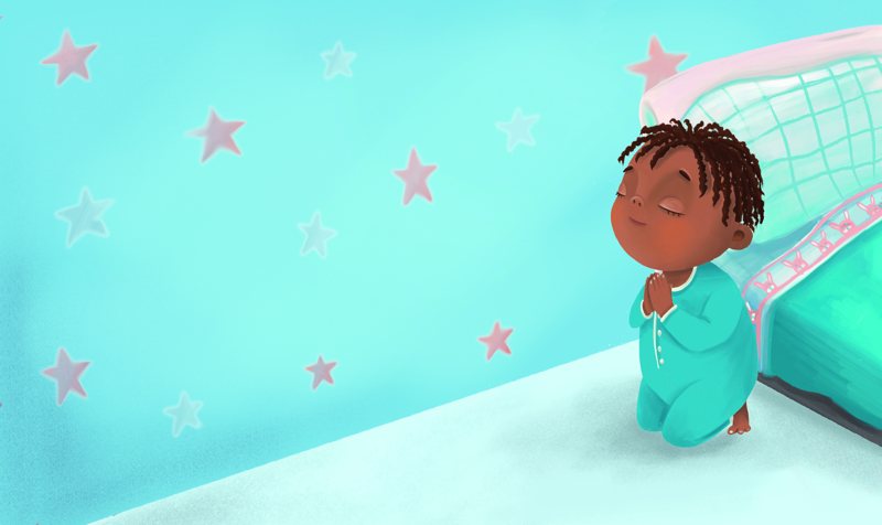Illustration of a young Black boy praying beside his bed, from Is God Bigger?