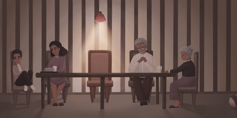 Illustration of a grieving family at a dinner table with an empty chair, from Zayaquann's Story