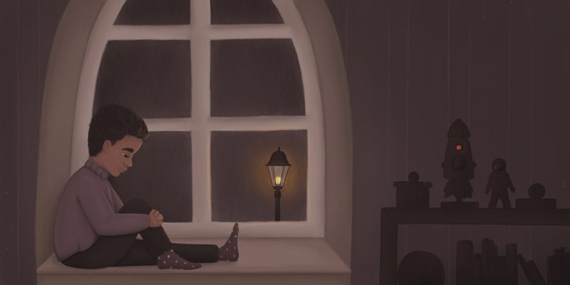Quiet moody illustration of a boy at a rainy window, from Zayaquann's Story